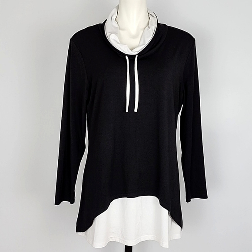 Papa Vancouver Women's Cowl Neck  Black White Layer Tunic Top Bamboo Drapy L